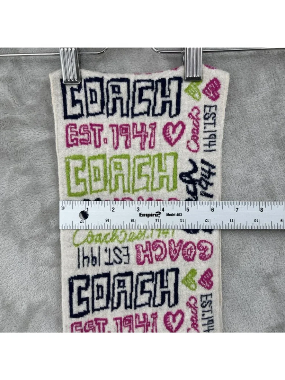 Coach Poppy Heart Graffiti Multicolor Spellout Logo Scarf Knit Wool Blend Cream